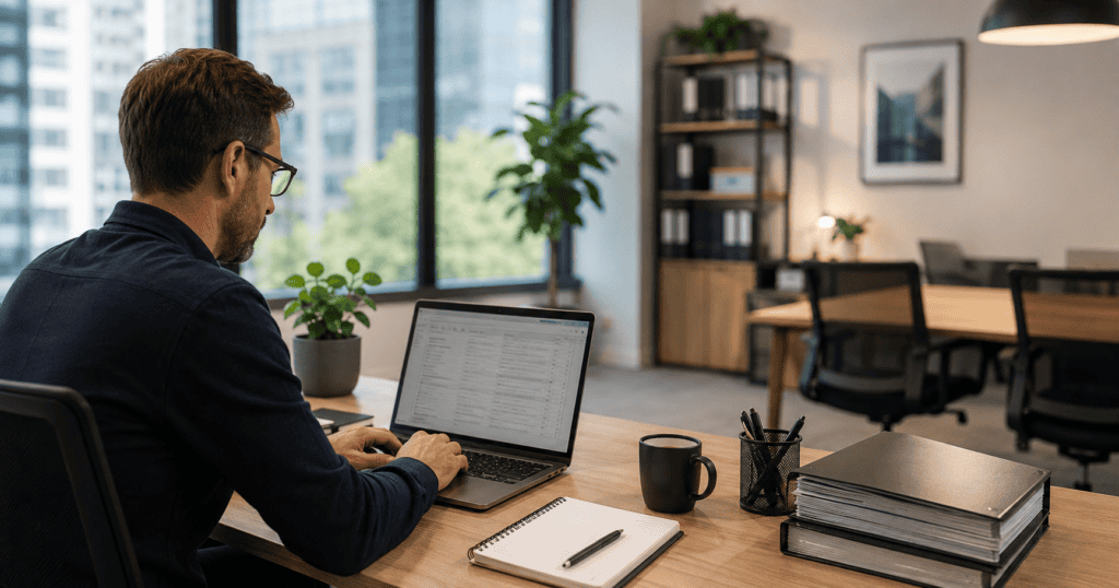 Professionele zelfstandige werkt achter een laptop op een modern kantoor aan een overheidsopdracht via een Dynamisch Aankoopsysteem (DAS).